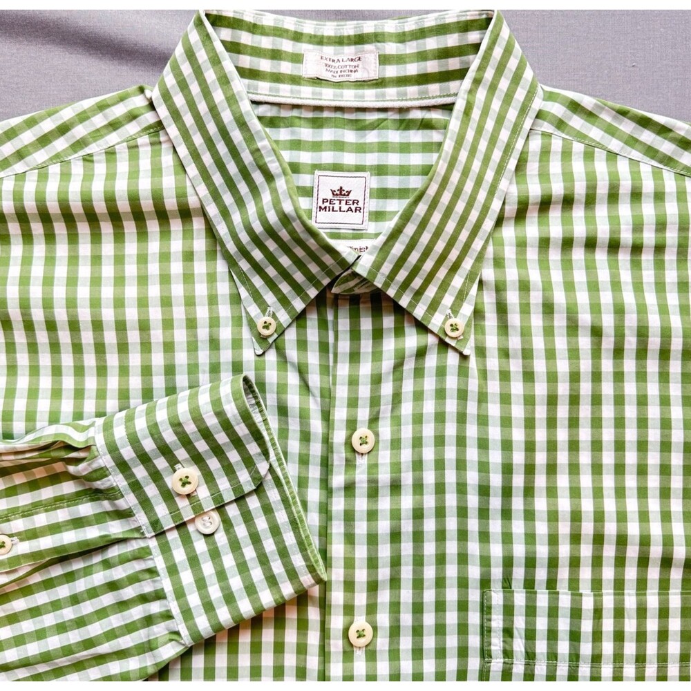 Peter Millar Shirt Men's XL Green Weekender Finish Gingham Button Down Preppy
